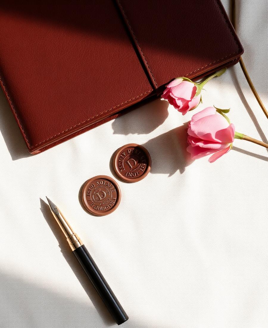 Notary seal, leather portfolio and fountain pen on cream linen
